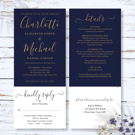 Invitation Marine Bleu Et Or Script Tout En Un Mariage