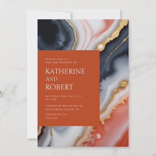 Invitation Marine Bleu Et Orange Agate Mariage Moderne (Devant)