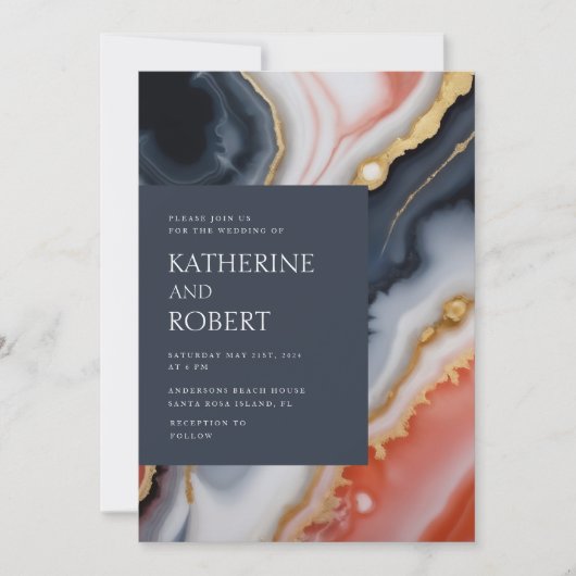 Invitation Marine Bleu Et Orange Agate Mariage Moderne (Devant)