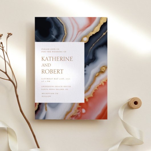 Invitation Marine Bleu Et Orange Agate Mariage Moderne