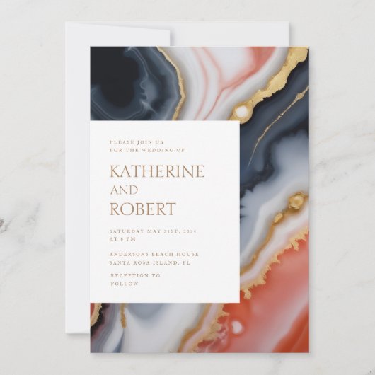 Invitation Marine Bleu Et Orange Agate Mariage Moderne (Devant)