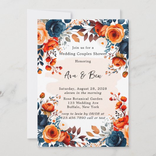 Invitation Marine bleu et Orange Peony Mariage Couple Douche (Devant)