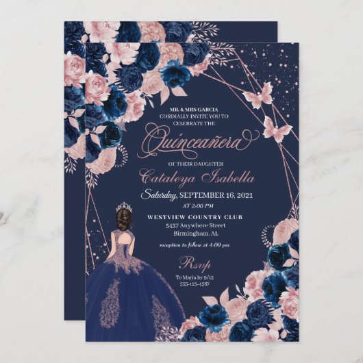 Invitation Marine Bleu et papillon rose Princesse Quinceanera (Devant / Derrière)