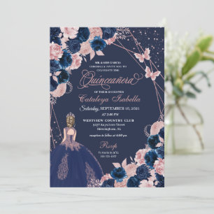 Invitation Marine Bleu et papillon rose Princesse Quinceanera