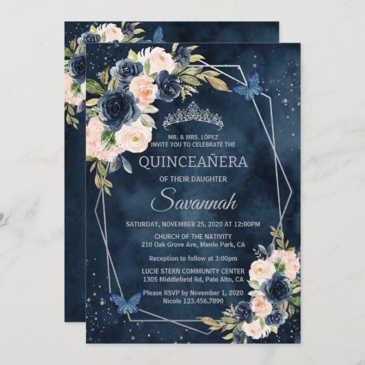Invitation Marine Bleu et Rose Argent Elegant Quinceanera (Devant / Derrière)