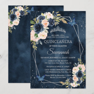 Invitation Marine Bleu et Rose Argent Elegant Quinceanera