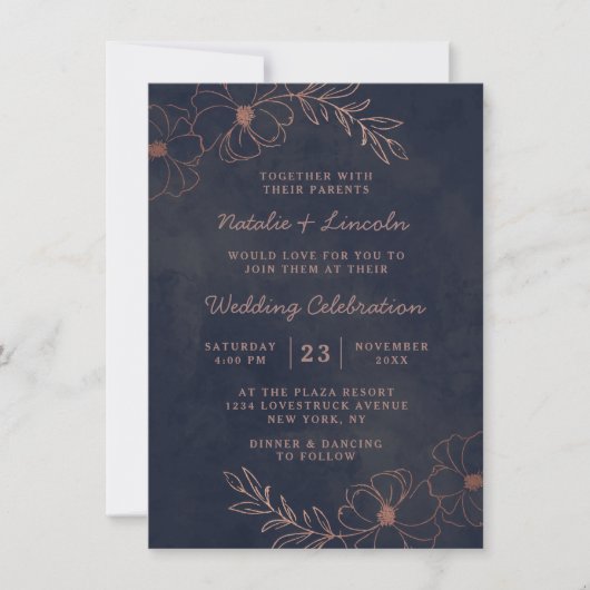 Invitation Marine bleu et Rose or Chic Floral Mariage frontiè (Devant)