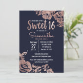 Invitation Marine Bleu et Rose or Floral Sweet 16 (Debout devant)