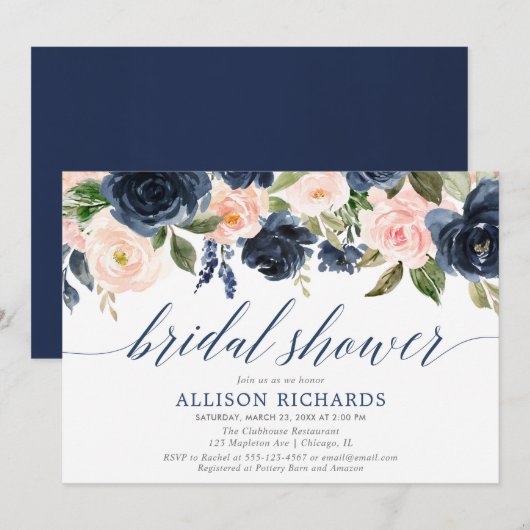 Invitation Marine bleu et rose rousse douche à nuptiale (Devant / Derrière)