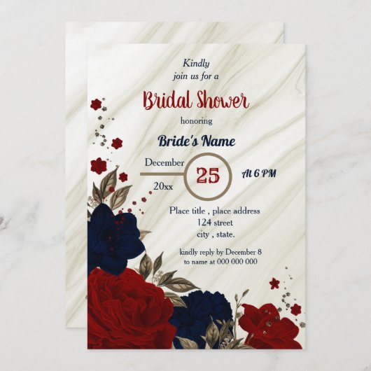 Invitation marine bleu et rouge floral nuptiale (Devant / Derrière)