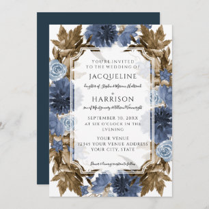 Invitation Marine Bleu Floral Élégant Mariage de feuillage d'