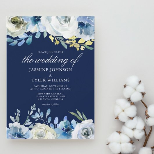 Invitation Marine Bleu Floral Élégant Mariage d'hiver