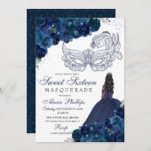 Invitation Marine bleu floral Masquerade Sweet 16 (Devant / Derrière)