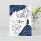 Invitation Marine bleu floral Masquerade Sweet 16 (Debout devant)