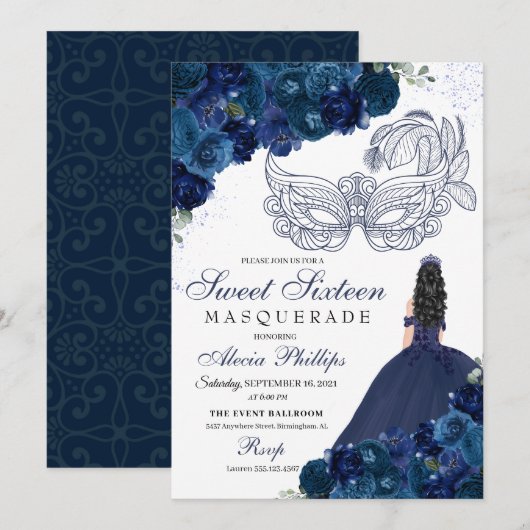 Invitation Marine bleu floral Masquerade Sweet 16 (Devant / Derrière)