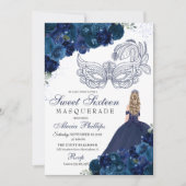 Invitation Marine bleu floral Masquerade Sweet 16 (Devant)