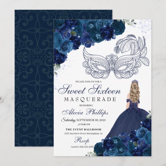 Invitation Marine bleu floral Masquerade Sweet 16 (Devant / Derrière)