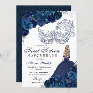 Invitation Marine bleu floral Masquerade Sweet 16