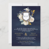 Invitation Marine Bleu Floral QR Code Photo Crest Mariage (Devant)