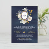 Invitation Marine Bleu Floral QR Code Photo Crest Mariage (Debout devant)