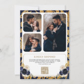 Invitation Marine Bleu Floral QR Code Photo Crest Mariage (Dos)