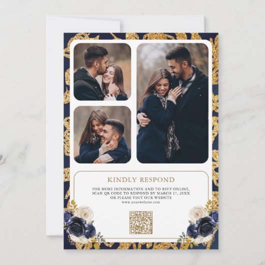 Invitation Marine Bleu Floral QR Code Photo Crest Mariage (Dos)