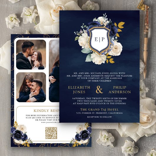 Invitation Marine Bleu Floral QR Code Photo Crest Mariage