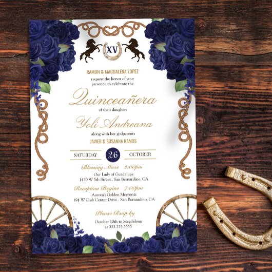 Invitation Marine Bleu Floral Rustique Charra Quinceanera
