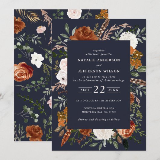 Invitation Marine bleu floral rustique élégant moderne (Devant / Derrière)