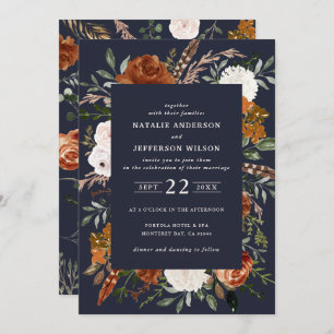 Invitation Marine bleu floral rustique élégant moderne