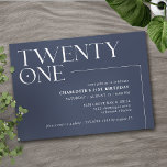 Invitation Marine bleu foncé | Cool Moderne 21ème fête d'anni<br><div class="desc">Invitations modernes de 21ème anniversaire avec grand titre "vingt et un" texte dans une police d'accent. Design hors du centre avec police blanche sur un arrière - plan bleu foncé contrastant.</div>