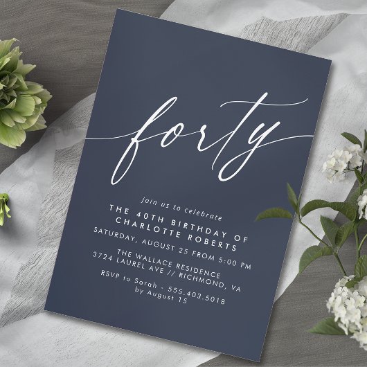 Invitation Marine bleu foncé | Simple Elegant 40e anniversair