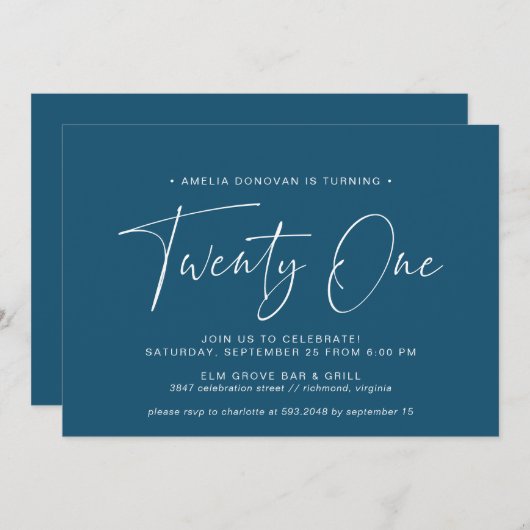 Invitation Marine bleu foncé | Simple Script 21st Birthday Pa (Devant / Derrière)