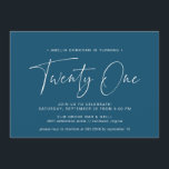 Invitation Marine bleu foncé | Simple Script 21st Birthday Pa<br><div class="desc">Invitations modernes de 21ème anniversaire avec "vingt un" dans un script manuscrit. Conception simpliste en texte seulement avec police blanche sur arrière - plan bleu foncé.</div>