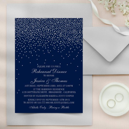 Invitation Marine Bleu & Glam Silver Confetti Mariage répétit