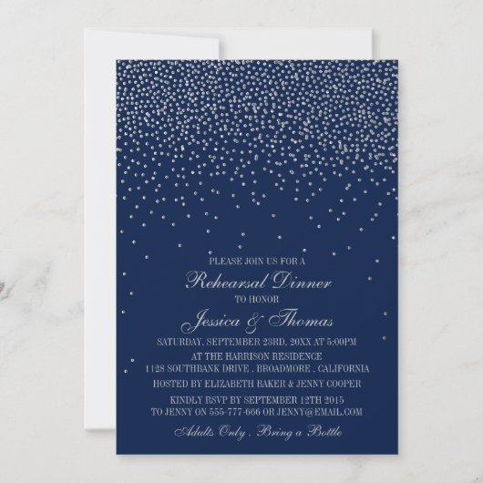 Invitation Marine Bleu & Glam Silver Confetti Mariage répétit (Devant)