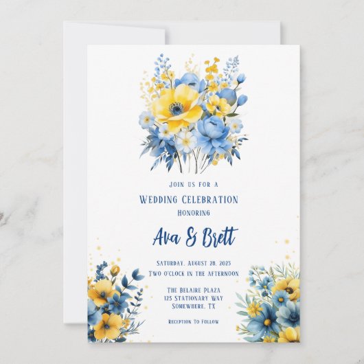 Invitation Marine bleu Jaune Peint Floral Mariage or (Devant)