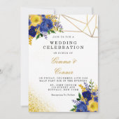 Invitation Marine bleu Jaune Peint Floral Mariage or (Devant)