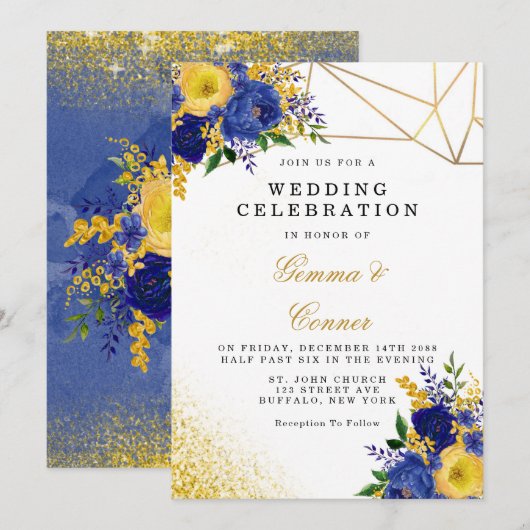 Invitation Marine bleu Jaune Peint Floral Mariage or (Devant / Derrière)