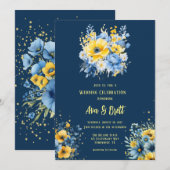 Invitation Marine bleu Jaune Peint Floral Mariage or (Devant / Derrière)