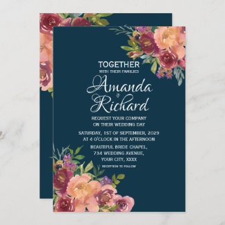Invitation Marine Bleu Joli Floral Mariage d'automne
