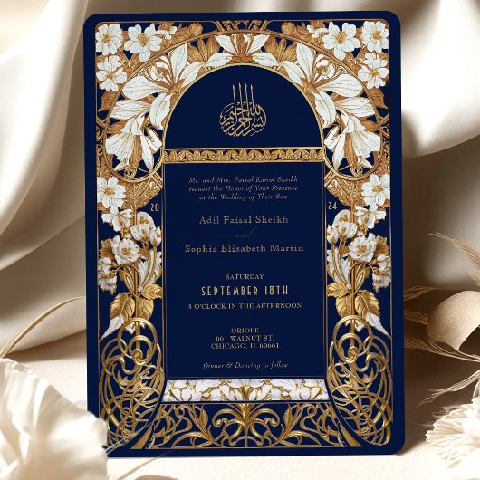 Invitation Marine Bleu Mariage islamique Antique Or musulman