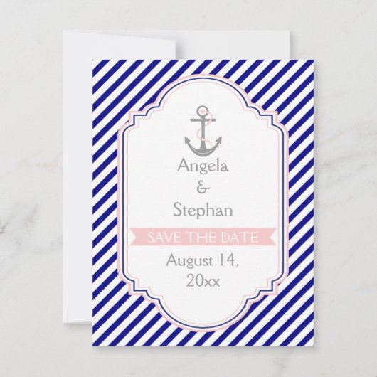 Invitation Marine bleu, mariage nautique rose Enregistrer la  (Devant)