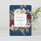 Invitation Marine bleu Marsala rose Russe fleurs Mariage (Debout devant)