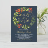 Invitation Marine Bleu Merry Bright Holly Berries Fête (Debout devant)