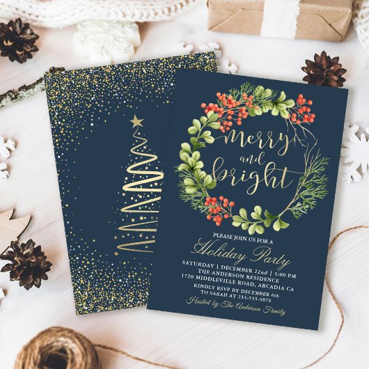 Invitation Marine Bleu Merry Bright Holly Berries Fête