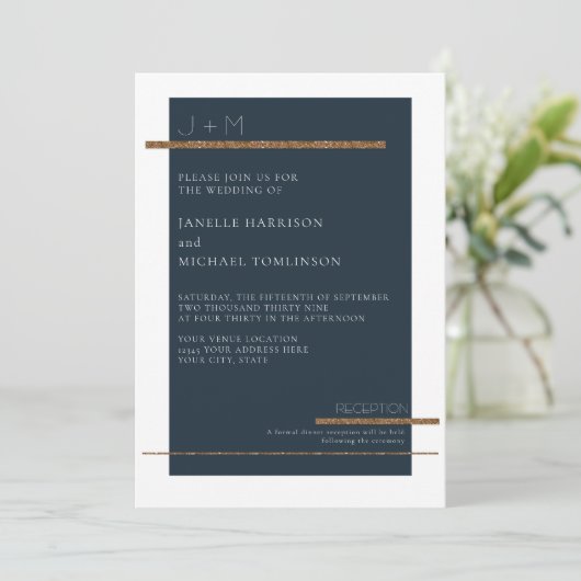 Invitation Marine Bleu Minimal Gold Mariage blanc moderne Sim (Debout devant)