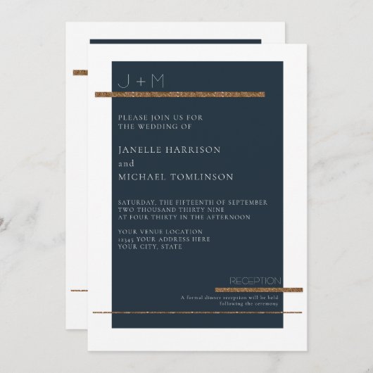 Invitation Marine Bleu Minimal Gold Mariage blanc moderne Sim (Devant / Derrière)