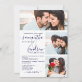 Invitation Marine bleu minimaliste script 3 photos mariage (Devant)