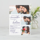 Invitation Marine bleu minimaliste script 3 photos mariage (Debout devant)